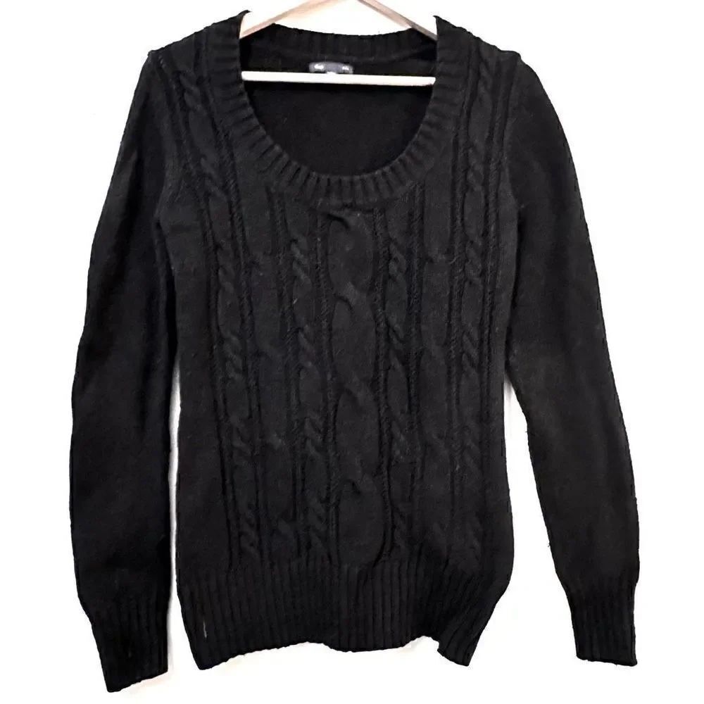 GAP Womens Pullover Sweater Scoop Neck Long Sleeve Cable Knitted Black Medium
